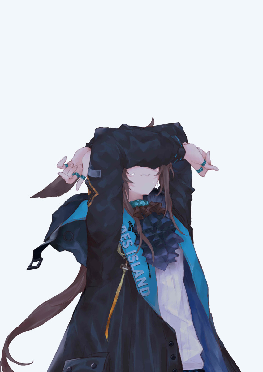 1girl, absurdres, amiya_(arknights), animal_ears, arknights, arms_up, ascot, black_jacket