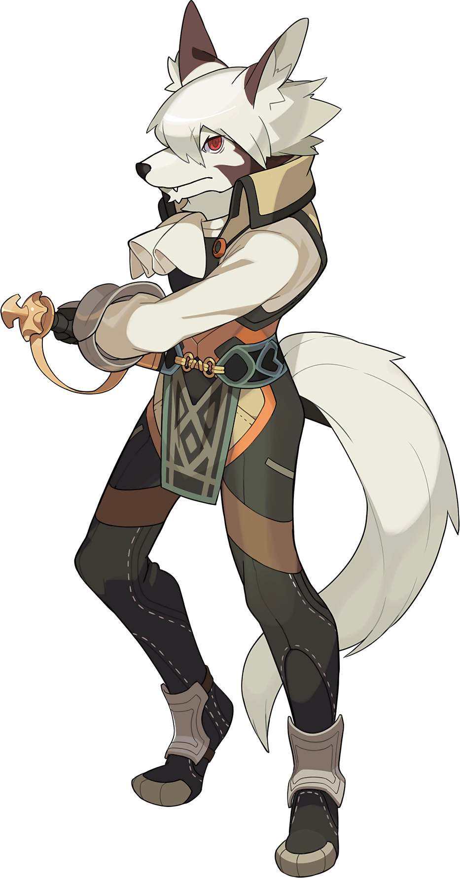 1boy, albert_(world_flipper), animal_ear_fluff, animal_ears, animal_nose, armor, artist_request, ascot, belt, black_gloves, black_pants, body_fur, bracer, brown_fur, closed_mouth, fang, fang_out, full_body, furry, furry_male, gloves, hair_over_one_eye, heel_up, highres, holding, holding_sword, holding_weapon, long_sleeves, looking_at_viewer, male_focus, non-web_source, official_art, pants, pelvic_curtain, red_eyes, sheath, sheathed, shirt, short_hair, sidelocks, simple_background, snout, solo, sword, tail, transparent_background, two-tone_fur, vest, weapon, white_ascot, white_fur, white_hair, white_shirt, wolf_boy, wolf_ears, wolf_tail, world_flipper