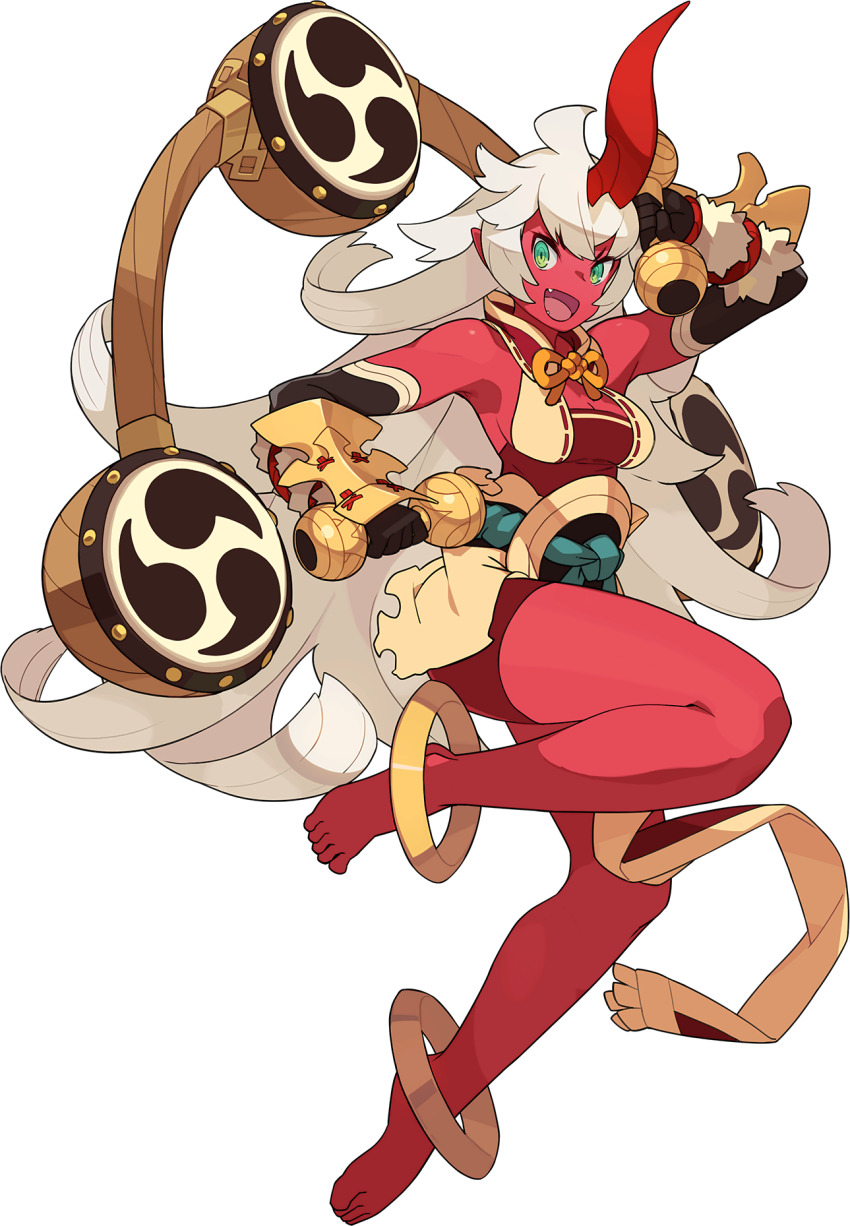 1girl, ahoge, anklet, aqua_eyes, armpits, artist_request, bare_shoulders, barefoot, belt, black_gloves, breasts, cleavage, colored_skin, crossed_bangs, demon_girl, dress, dumbbell, elbow_gloves, fangs, feet, female_focus, full_body, gloves, hand_up, happy, highres, holding, horns, jewelry, kazuchi_(world_flipper), leg_up, long_hair, medium_breasts, mitsudomoe_(shape), non-web_source, official_art, oni, oni_girl, open_mouth, pelvic_curtain, pointy_ears, red_dress, red_skin, rope, short_dress, sidelocks, simple_background, single_horn, sleeveless, sleeveless_dress, smile, solo, tomoe_(symbol), transparent_background, v-shaped_eyebrows, vambraces, very_long_hair, white_hair, world_flipper