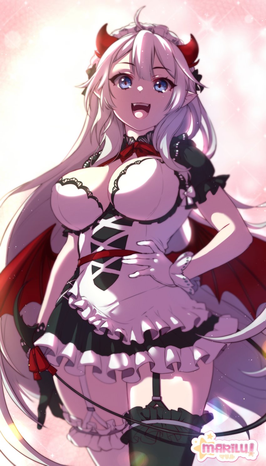 1girl, absurdres, artist_logo, asymmetrical_gloves, asymmetrical_legwear, black_dress, black_gloves, blue_eyes, breasts, cleavage, commentary, demon_girl, demon_horns, demon_tail, demon_wings, dress, english_commentary, gloves, hair_behind_ear, hand_on_own_hip, highres, horns, large_breasts, logo, long_hair, maid_headdress, maiulive, mismatched_gloves, mismatched_legwear, pointy_ears, solo, tail, thighhighs, vei_(vtuber), vei_(4th_costume)_(vtuber), very_long_hair, virtual_youtuber, vshojo, white_gloves, white_hair, wings