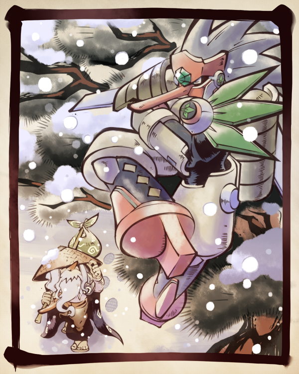 2boys, beard, bindle, border, closed_eyes, commentary_request, covered_eyes, facial_hair