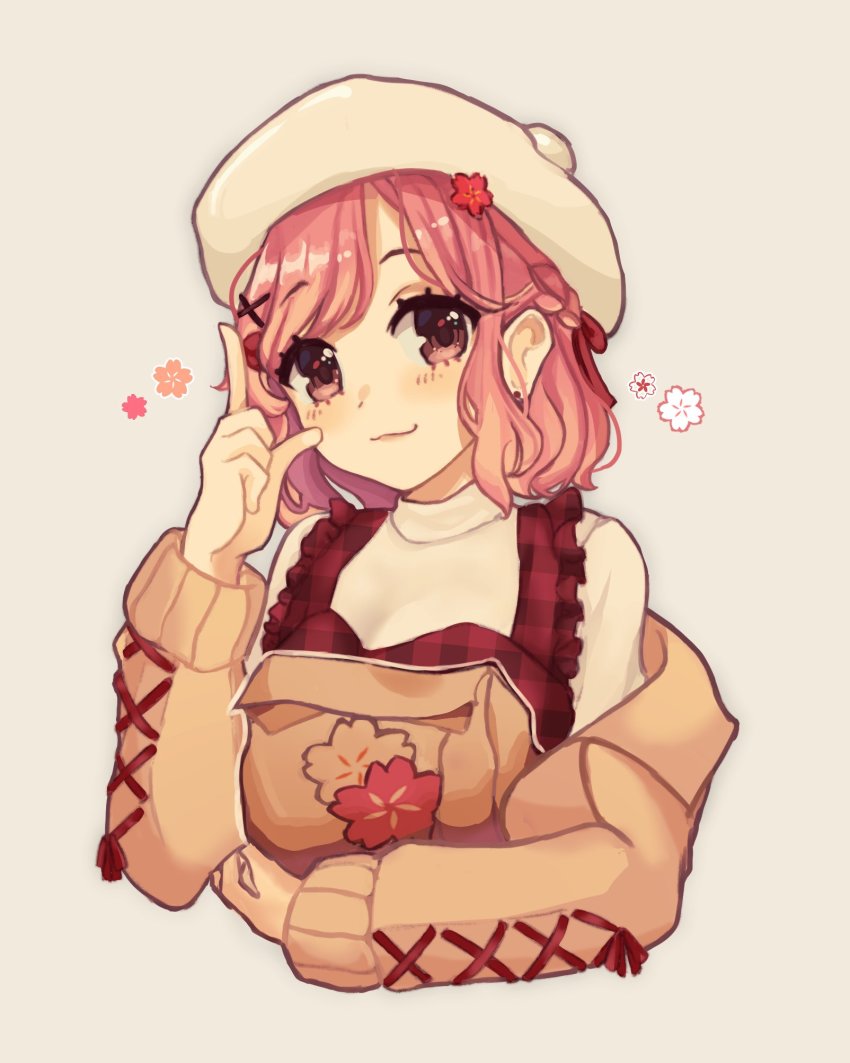 1girl, beige_sweater, beret, brown_eyes, brown_jacket, earrings, flower, hair_behind_ear