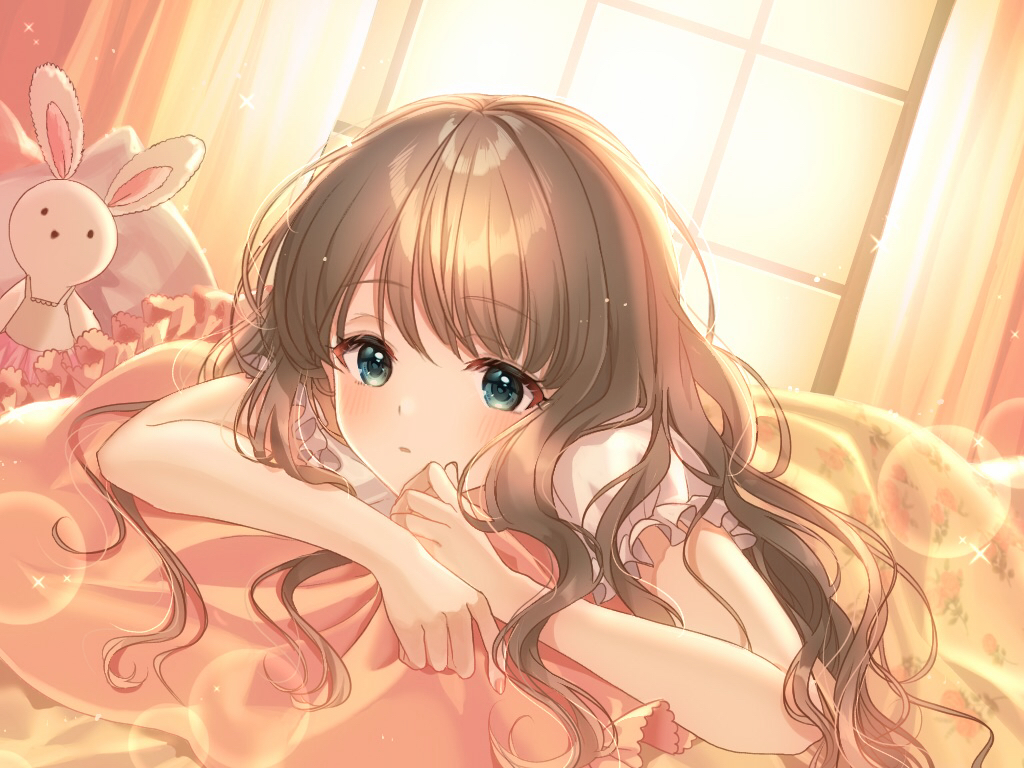 1girl, bed, blanket, blurry, bokeh, brown_hair, commentary, curtains