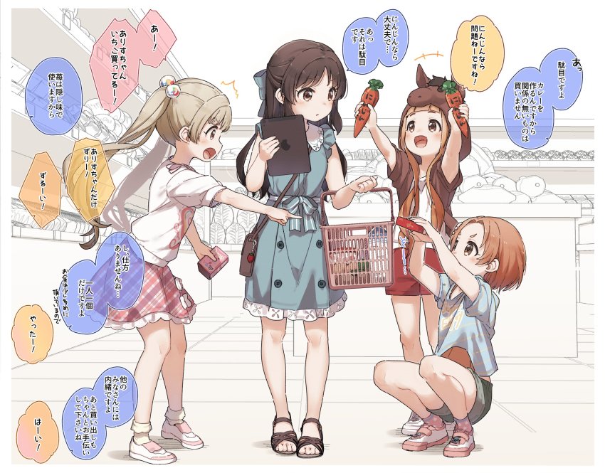 +++, 4girls, :d, :o, ^^^, animal_ears, bag, black_footwear, black_hair, blue_bow, blue_dress, blue_shirt, blush, bobby_socks, bow, brown_eyes, brown_hair, brown_jacket, carrot, closed_mouth, commentary_request, dress, fake_animal_ears, forehead, hair_bobbles, hair_bow, hair_ornament, highres, holding, hood, hood_up, horse_ears, horse_hood, ichihara_nina, idolmaster, idolmaster_cinderella_girls, indoors, jacket, multiple_girls, open_clothes, open_jacket, open_mouth, outstretched_arm, outstretched_arms, parted_bangs, pink_skirt, plaid_clothes, plaid_skirt, pointing, red_shorts, ryuzaki_kaoru, sandals, shirt, shoes, shopping_basket, short_hair, short_shorts, short_sleeves, shorts, shoulder_bag, skirt, sleeveless, sleeveless_dress, smile, socks, squatting, striped_bow, striped_clothes, striped_shirt, tablet_pc, tachibana_arisu, translation_request, twintails, white_footwear, white_legwear, white_shirt, yokoyama_chika, yukie_(kusaka_shi)