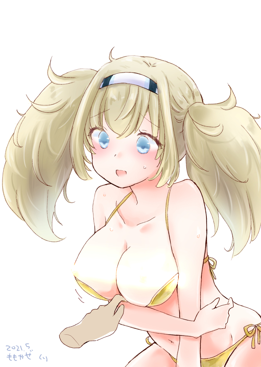 1girl, absurdres, bikini, bikini_pull, blonde_hair, blue_eyes, breasts, cleavage, clothes_pull, commentary_request, cowboy_shot, disembodied_hand, gambier_bay_(kancolle), hairband, halterneck, highres, huge_filesize, kantai_collection, large_breasts, momokaze_kuri, side-tie_bikini_bottom, simple_background, solo, string_bikini, swimsuit, twintails, white_background, yellow_bikini