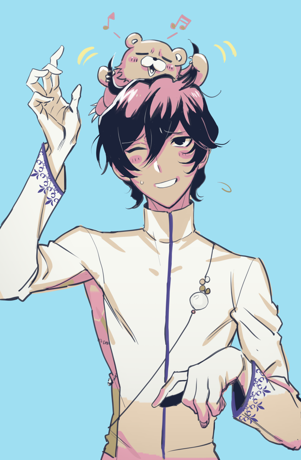 1boy, animal, animal_on_head, arjuna_(fate), asian_indian_clothes, bear, blush, dark-skinned_male