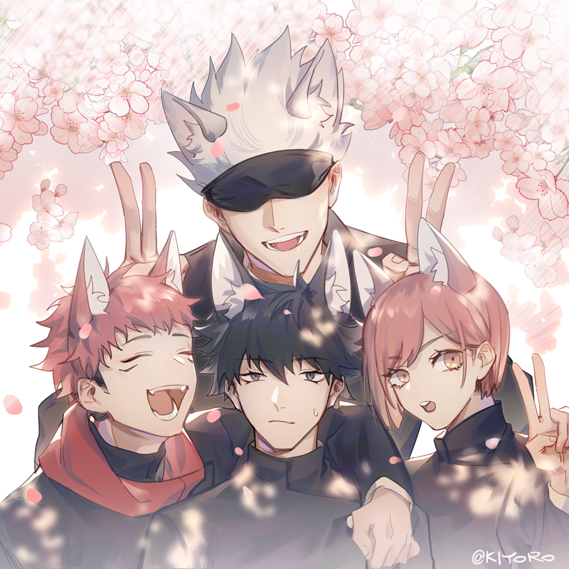 1girl, 3boys, :d, ^_^, animal_ear_fluff, animal_ears, black_eyes, black_hair