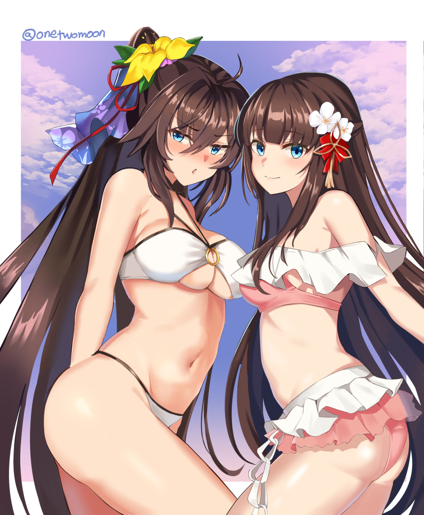 2girls, absurdres, ahoge, alternate_costume, ass, bare_arms, bare_shoulders, bikini, bikini_skirt, blue_eyes, blush, breasts, brown_hair, cleavage, closed_mouth, counter:side, flower, frown, groin, hair_between_eyes, hair_flower, hair_ornament, highres, large_breasts, long_hair, looking_at_viewer, medium_breasts, multiple_girls, nanahara_chifuyu, nanahara_chinatsu, navel, o-ring, o-ring_bikini, official_alternate_costume, pink_bikini, ponytail, siblings, sisters, smile, stomach, string_bikini, swimsuit, thighs, twomoon, underboob, v-shaped_eyebrows, very_long_hair, white_bikini