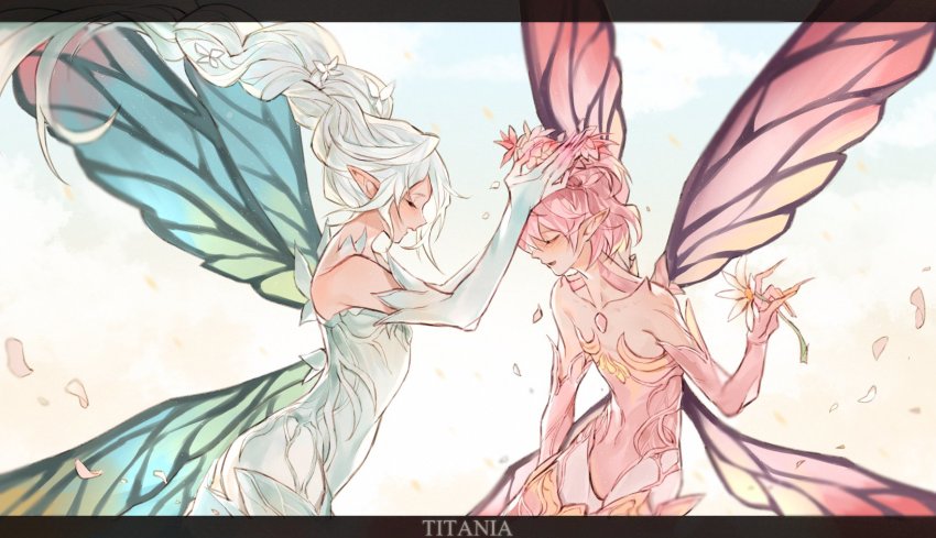 2others, blush, braid, closed_eyes, fairy, fairy_wings, final_fantasy, final_fantasy_xiv, flat_chest, flower, from_side, hair_flower, hair_ornament, head_wreath, highres, holding, holding_flower, letterboxed, multiple_others, petals, pink_hair, pointy_ears, smile, thighhighs, titania_(final_fantasy), tladpwl03, tyr_beq, white_hair, wind, wings