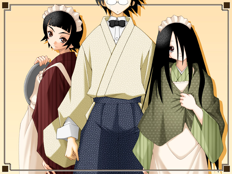 00s, 2girls, apron, black_hair, itoshiki_nozomu, japanese_clothes, keito, komori_kiri