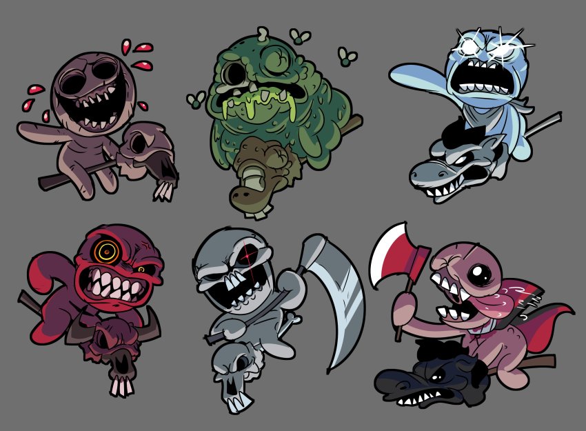 absurdres, axe, black_eyes, blood, bug, commentary, conquest_(the_binding_of_isaac), crazy_eyes