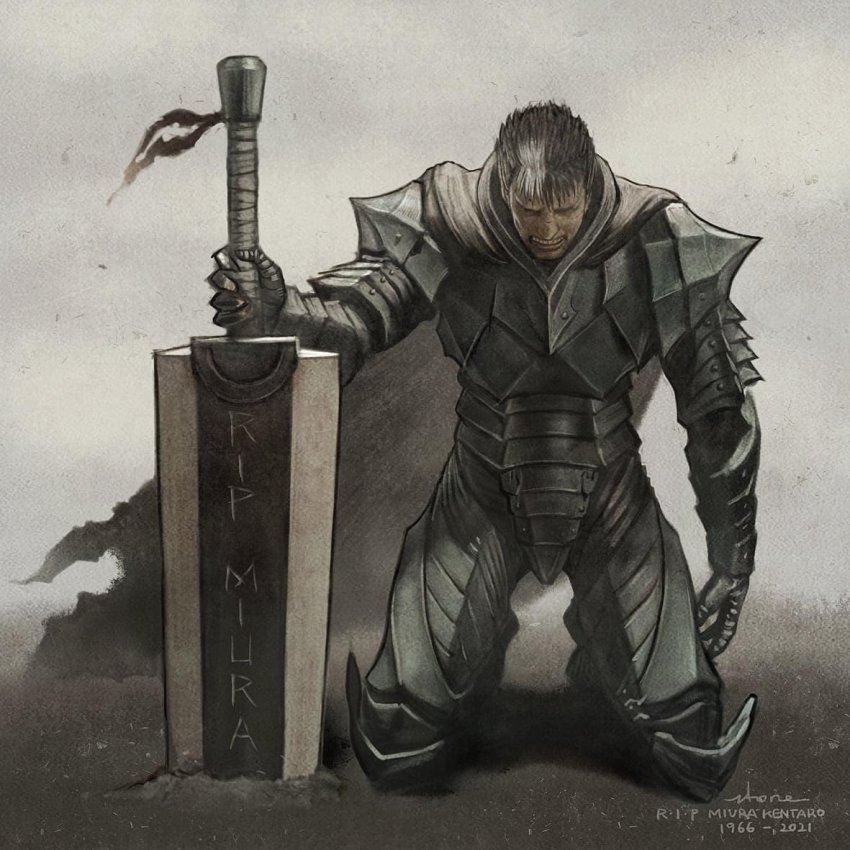 1boy, armor, bandages, berserk, berserker_armor, black_hair, cape, dragonslayer_(sword), closed_eyes, greyscale, guts_(berserk), holding, huge_weapon, kim_jung_gi, male_focus, monochrome, muscular, rest_in_peace_(phrase), sad, scar, short_hair, solo, sword, weapon