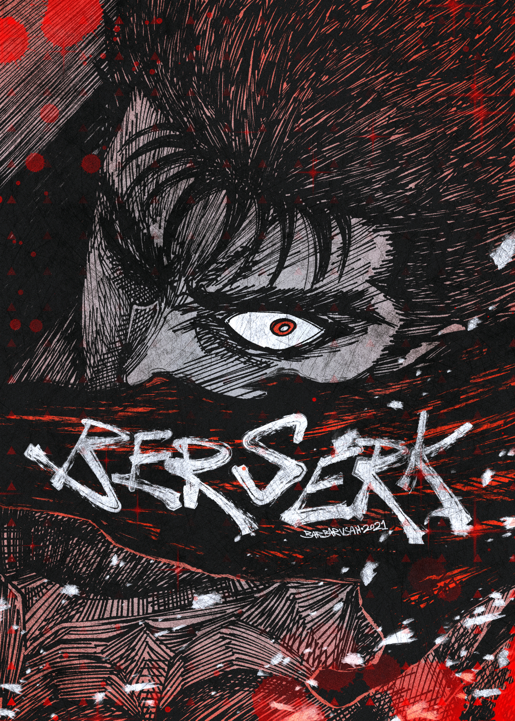 1boy, barbarvsah, berserk, black_hair, copyright_name, guts_(berserk), highres, male_focus, one_eye_closed, red_eyes, solo