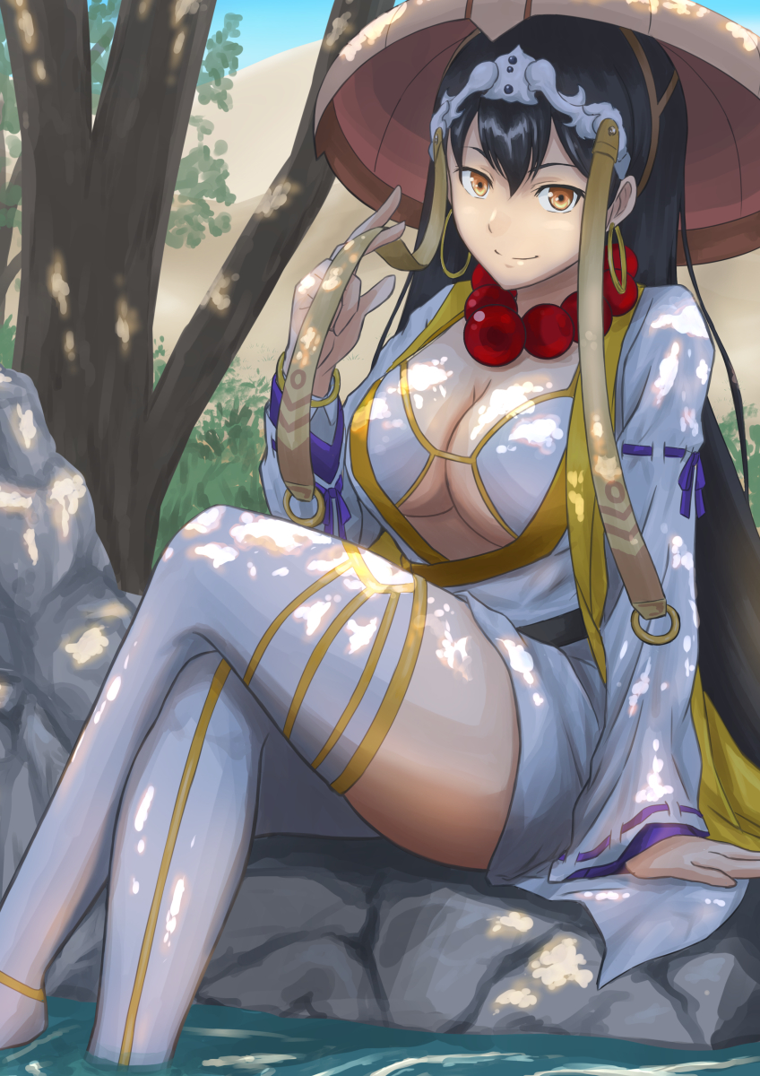 1girl, bead_necklace, beads, bikini, black_hair, breasts, bridal_gauntlets, cleavage