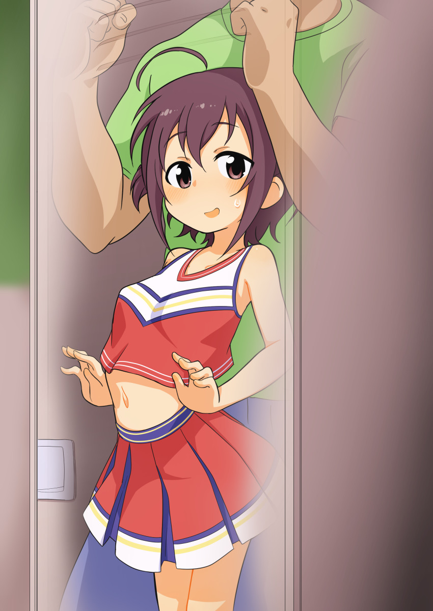 1boy, 1girl, absurdres, ahoge, blue_pants, blush, brown_eyes, brown_hair, cheerleader, child, dark-skinned_male, dark_skin, eyebrows, faceless, faceless_male, feet_out_of_frame, green_shirt, highres, idolmaster, idolmaster_cinderella_girls, in_container, in_locker, locker, luke_(b10a3123m), medium_hair, navel, pants, pleated_skirt, red_shirt, red_skirt, shirt, skirt, standing, stomach, sweat, sweatdrop, wakiyama_tamami