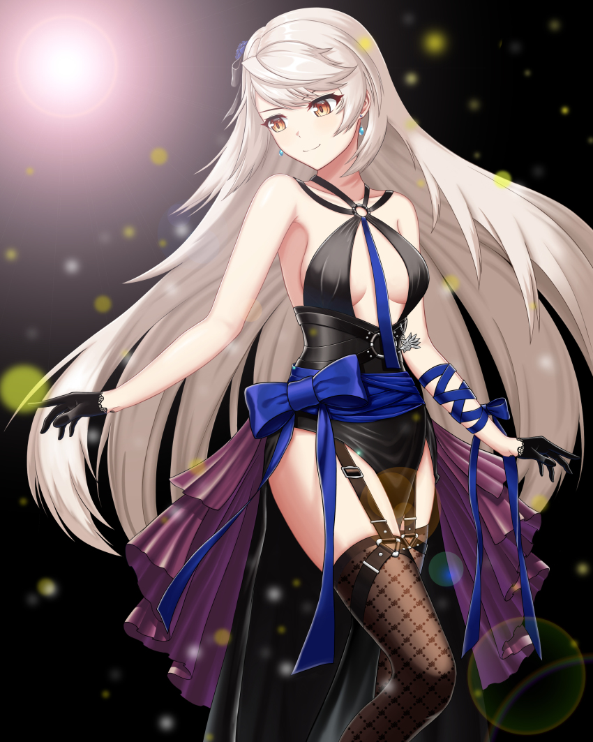 1girl, absurdres, armpits, bare_arms, bare_shoulders, black_dress, black_gloves, blue_ribbon, bow, breasts, breasts_apart, brown_thighhighs, casajang, center_opening, closed_mouth, cocktail_dress, counter:side, criss-cross_halter, dress, earrings, fishnet_thighhighs, fishnets, garter_straps, gloves, hair_bow, halter_dress, halterneck, highres, hilde_(counter:side), jewelry, long_hair, looking_down, no_bra, o-ring, official_alternate_costume, orange_eyes, pelvic_curtain, ribbon, sleeveless, sleeveless_dress, small_breasts, smile, solo, standing, swept_bangs, thighhighs, thighs, very_long_hair, white_hair