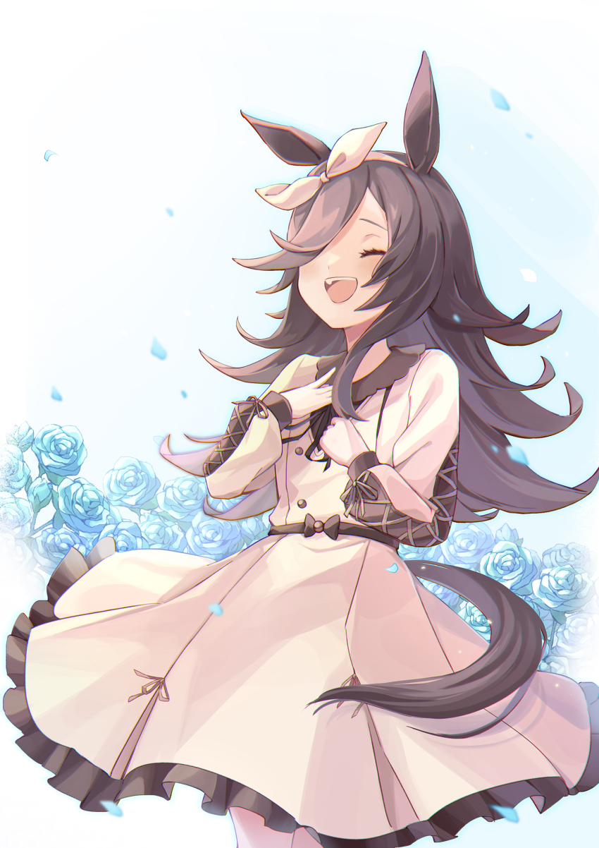 1girl, 23@5, animal_ears, asymmetrical_hair, beige_dress, black_skirt, blue_flower, blue_rose