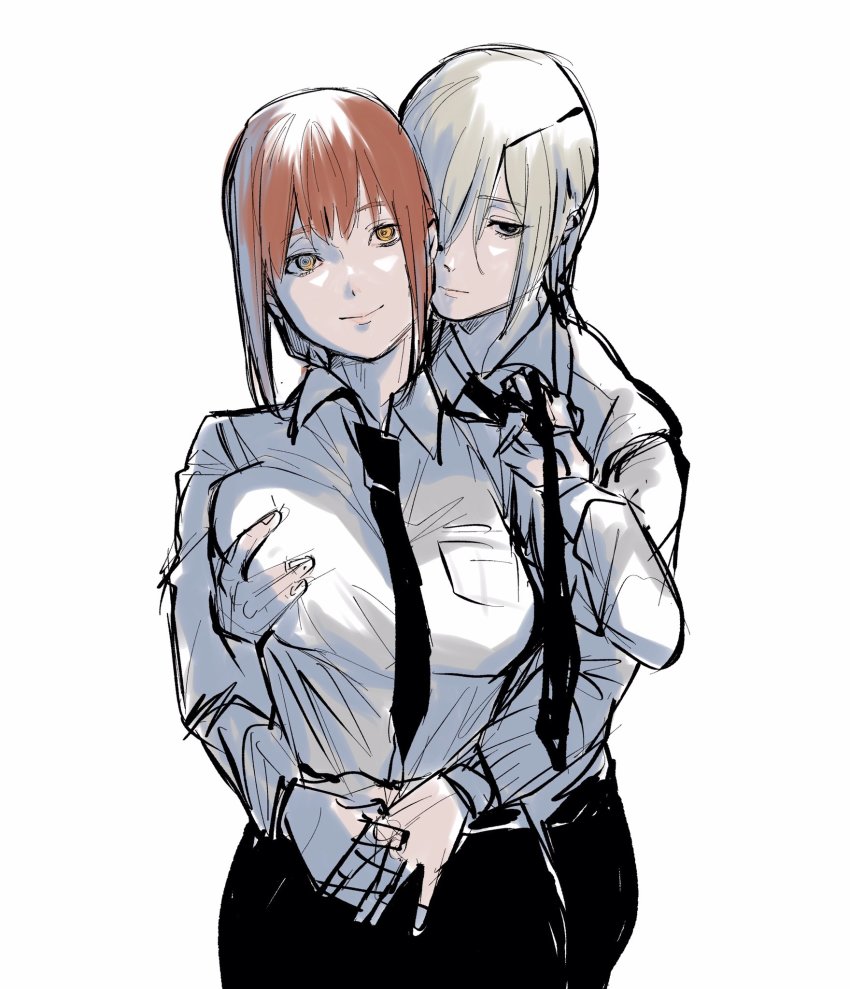2girls, black_necktie, braid, braided_ponytail, breasts, brown_hair, business_suit, chainsaw_man, clothes_grab, couple, expressionless, eyepatch, formal_clothes, grabbing_another's_breast, groping, hair_between_eyes, heco_inu, height_difference, highres, holding_hands, hug, hug_from_behind, light_smile, long_hair, looking_at_viewer, makima_(chainsaw_man), medium_breasts, multiple_girls, necktie, necktie_grab, neckwear_grab, office_lady, ponytail, quanxi_(chainsaw_man), ringed_eyes, sexually_suggestive, shirt_tucked_in, smile, suit, white_background, white_hair, yellow_eyes, yuri