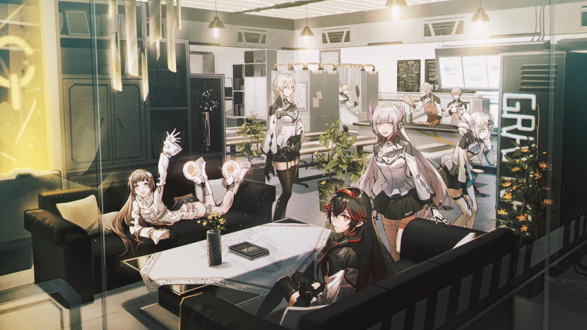 3boys, 5girls, apron, bianca_(pgr), black_gloves, black_hair, black_legwear, black_shorts