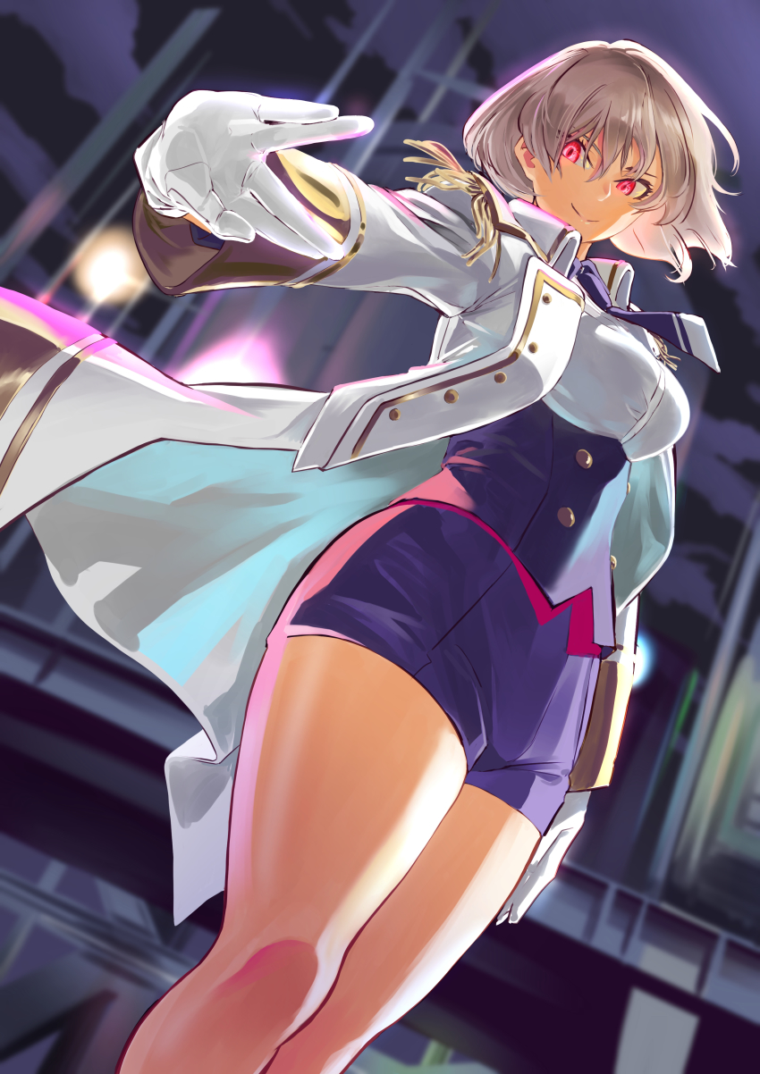 1girl, absurdres, coat, epaulettes, gloves, glowing, glowing_eyes, gridman_universe, highres, mujina, necktie, red_eyes, sawada2, short_shorts, shorts, smile, solo, ssss.dynazenon, white_gloves