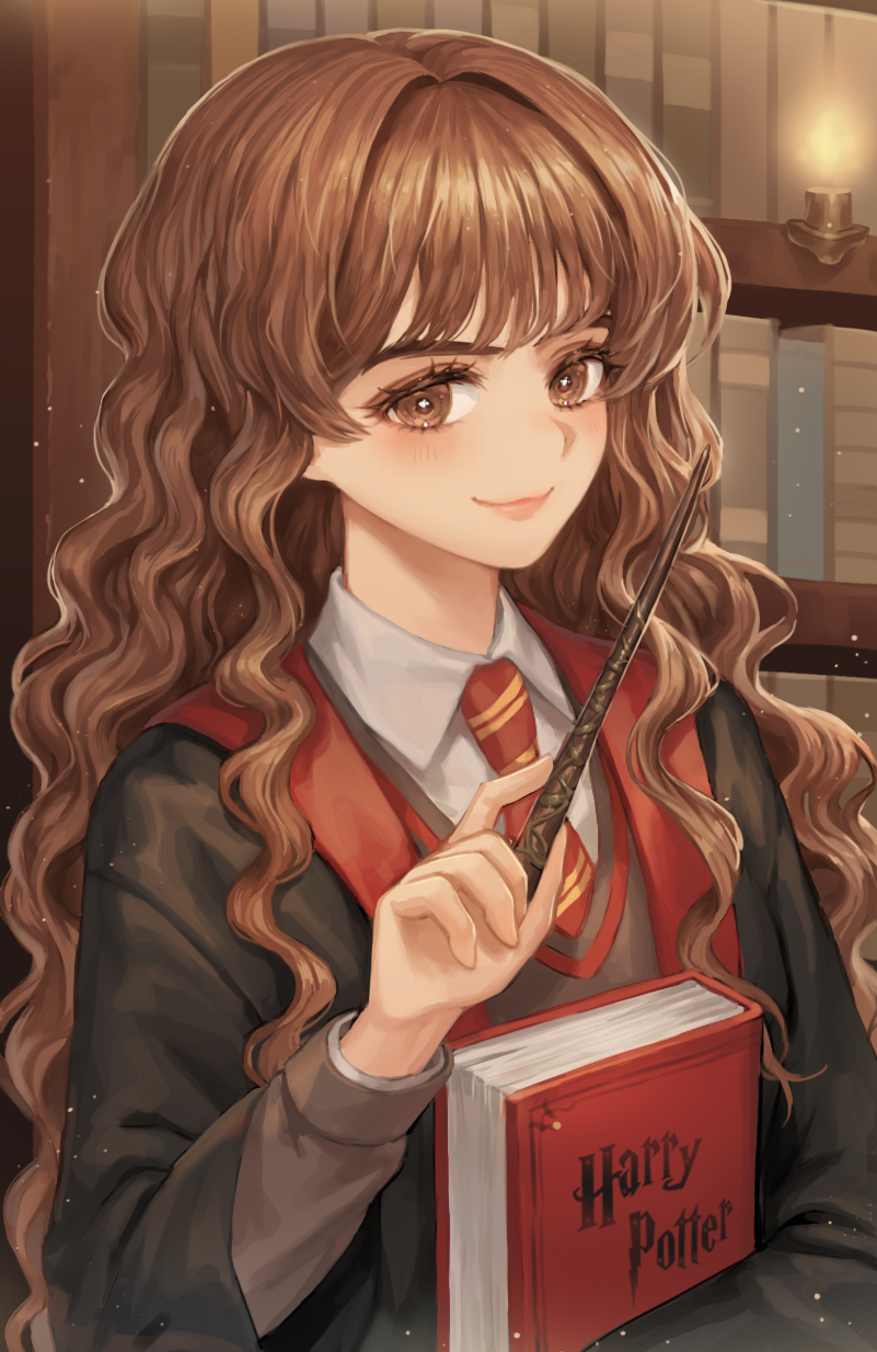 1girl, book, bookshelf, brown_eyes, brown_hair, copyright_name, harry_potter_(series), hermione_granger, highres, holding, holding_wand, indoors, lamp, long_sleeves, micha, necktie, red_necktie, robe, school_uniform, smile, solo, standing, upper_body, wand, wavy_hair, wizarding_world