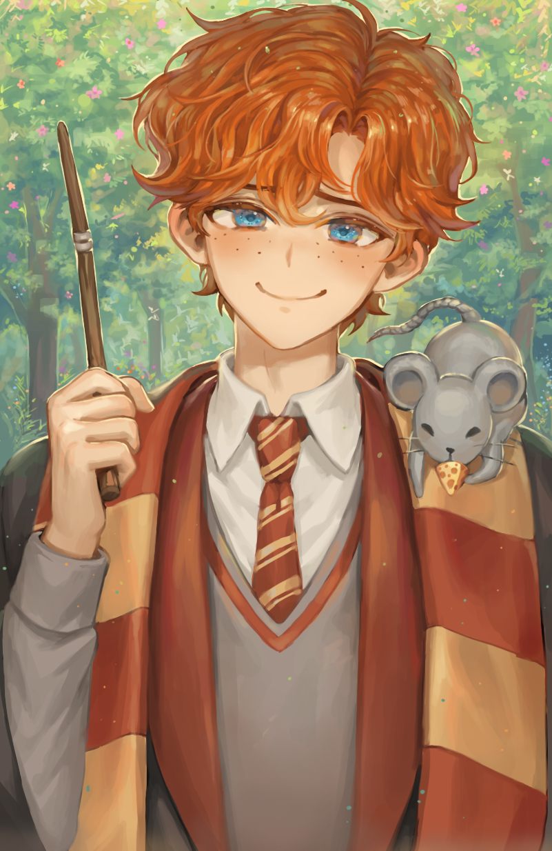 1boy, blue_eyes, day, familiar, freckles, grey_sweater, harry_potter_(series), highres