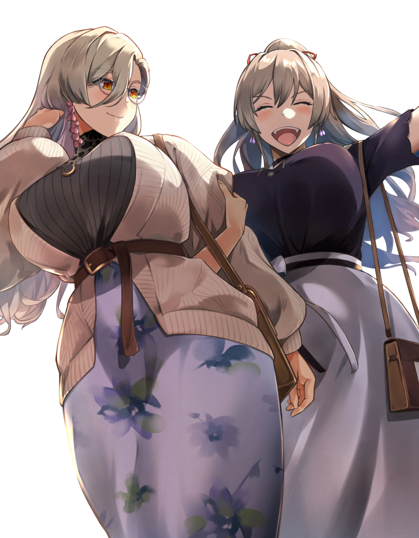 2girls, agu_(agoppdki), arm_hug, bag, belt, black_shirt, blush, breasts, brown_belt, brown_cardigan, cardigan, closed_eyes, earrings, fang, floral_print, from_below, furen_e_lustario, glasses, hair_ribbon, handbag, heart, heart_earrings, high_ponytail, highres, huge_breasts, jewelry, light_brown_hair, long_hair, long_skirt, long_sleeves, looking_at_another, looking_back, multiple_girls, nijisanji, nui_sociere, nui_sociere_(4th_costume), official_alternate_costume, open_cardigan, open_clothes, open_mouth, orange_eyes, outstretched_arm, parted_bangs, platinum_blonde_hair, ponytail, puffy_long_sleeves, puffy_sleeves, red_ribbon, ribbon, round_eyewear, shirt, simple_background, skin_fang, skirt, smile, turtleneck, underbust, very_long_hair, virtual_youtuber, white_background, white_skirt