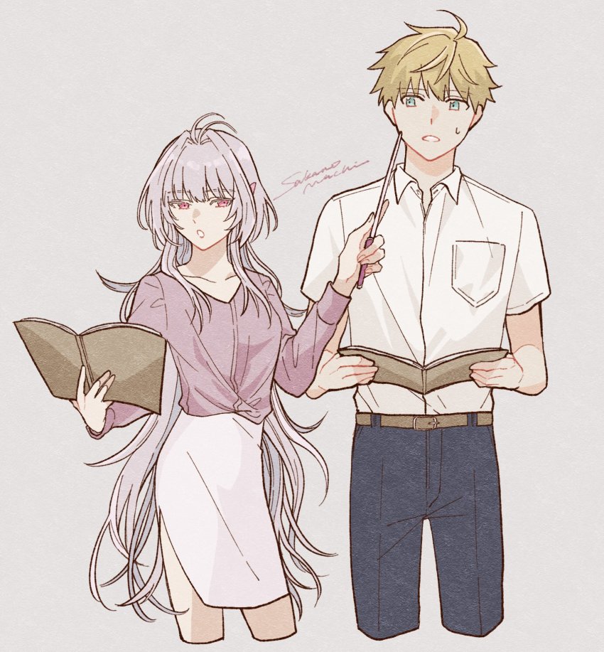 1boy, 1girl, ahoge, alternate_costume, arthur_pendragon_(fate), belt, belt_buckle, blonde_hair