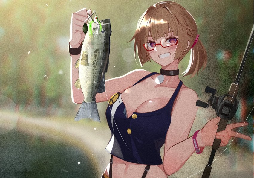1girl, animal, blush, breasts, brown_hair, cleavage, commentary_request, fish
