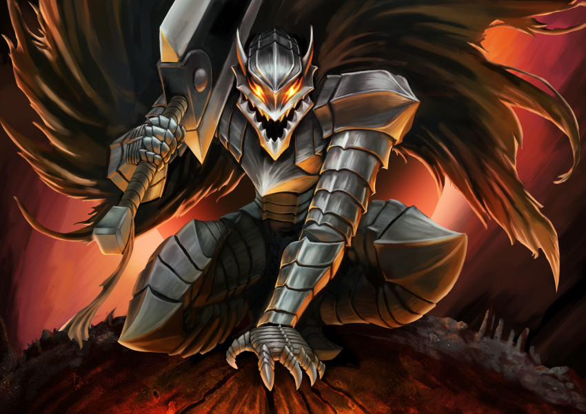 1boy, absurdres, animal_ears, armor, berserk, berserker_armor, black_cape, cape, dragonslayer_(sword), embers, fire, glowing, glowing_eyes, guts_(berserk), hand_on_ground, highres, holding, holding_weapon, huge_weapon, looking_at_viewer, male_focus, matsumoto_(ma_tsuya), red_eyes, sharp_teeth, solo, squatting, sword, teeth, warrior, weapon