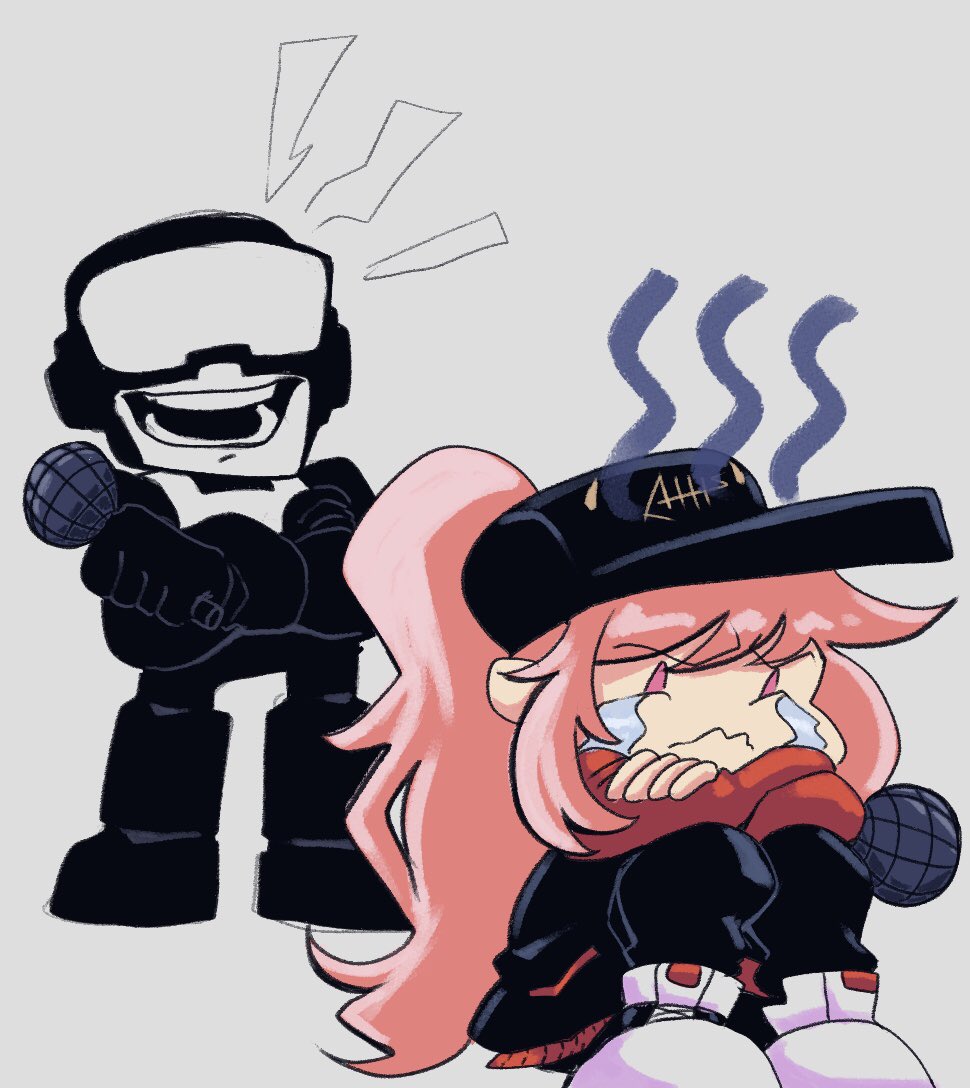 1boy, 1girl, baseball_cap, black_headwear, black_pants, cartoonized, chibi, commentary, crossover, crying, crying_with_eyes_open, english_commentary, friday_night_funkin', hat, helmet, hip_hop, holding, holding_microphone, hololive, hololive_english, jjsmiley95, john_captain, laughing, microphone, mori_calliope, mori_calliope_(streetwear), newgrounds, open_mouth, pants, pink_eyes, pink_hair, ponytail, shoes, sitting, sneakers, sweatpants, tankman_(newgrounds), tankmen, tears, toon_(style), v-shaped_eyebrows, virtual_youtuber, visor, wavy_mouth