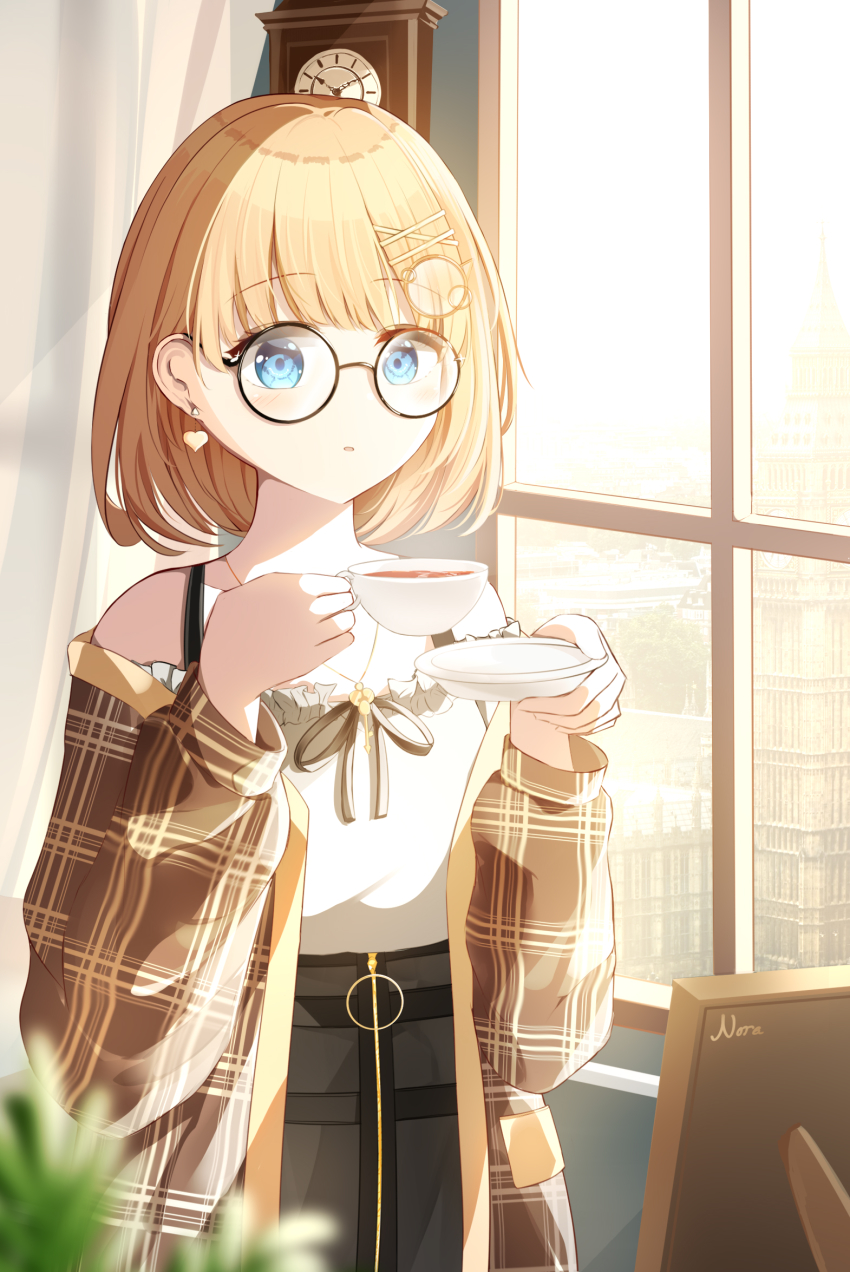 1girl, artist_name, black_skirt, blonde_hair, blouse, blue_eyes, brown_coat, building