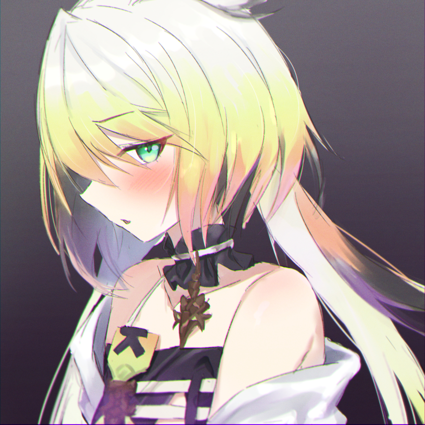 1other, absurdres, bare_shoulders, blonde_hair, blush, collarbone, green_eyes, hair_between_eyes