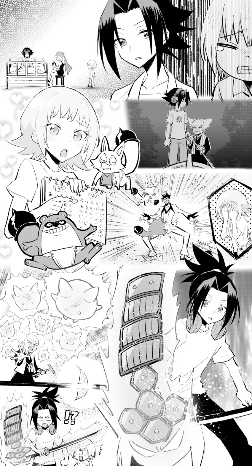 2girls, 6+boys, amidamaru, angry, armor, asakura_yoh, asakura_yohmei, aura