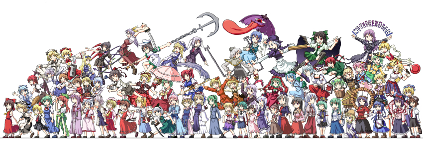 6+girls, aki_minoriko, aki_shizuha, alice_margatroid, blonde_hair, bucket, chen, cirno, daiyousei, everyone, flandre_scarlet, fujiwara_no_mokou, geta, hakurei_reimu, heterochromia, highres, hijiri_byakuren, hinanawi_tenshi, hong_meiling, horns, hoshiguma_yuugi, houjuu_nue, houraisan_kaguya, ibuki_suika, in_bucket, in_container, inaba_tewi, inubashiri_momiji, izayoi_sakuya, kaenbyou_rin, kagiyama_hina, kamishirasawa_keine, karakasa_obake, kawashiro_nitori, kazami_yuuka, kirisame_marisa, kisume, koakuma, kochiya_sanae, komeiji_koishi, komeiji_satori, konpaku_youmu, kumoi_ichirin, kurodani_yamame, letty_whiterock, lily_white, long_image, luna_child, lunasa_prismriver, lyrica_prismriver, maribel_hearn, medicine_melancholy, merlin_prismriver, mizuhashi_parsee, moriya_suwako, multiple_girls, murasa_minamitsu, mystia_lorelei, nagae_iku, nankyoku, nankyoku_(toricchi), nazrin, onozuka_komachi, patchouli_knowledge, red_eyes, reisen, reisen_udongein_inaba, reiuji_utsuho, remilia_scarlet, rumia, saigyouji_yuyuko, shameimaru_aya, shanghai_doll, shiki_eiki, single_horn, star_sapphire, su-san, sunny_milk, tatara_kogasa, tengu-geta, toramaru_shou, touhou, two_side_up, umbrella, unzan, usami_renko, watatsuki_no_toyohime, watatsuki_no_yorihime, wide_image, wriggle_nightbug, yagokoro_eirin, yakumo_ran, yakumo_yukari, yasaka_kanako