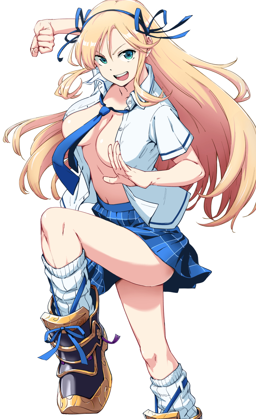 1girl, absurdres, armored_boots, blonde_hair, blue_hairband, blue_necktie, blue_ribbon, blue_skirt, boots, breasts, fighting_stance, green_eyes, hair_ribbon, hairband, highres, iguchi_(strawmat), katsuragi_(senran_kagura), large_breasts, leg_up, long_hair, looking_at_viewer, loose_socks, navel, necktie, no_bra, open_clothes, open_shirt, plaid_clothes, plaid_skirt, ribbon, senran_kagura, skirt, socks, solo