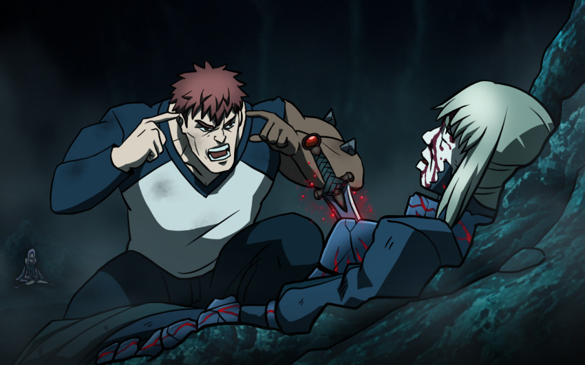 1boy, 2girls, artoria_pendragon_(fate), azoth_knife, blonde_hair, blood, blood_on_face, derivative_work, emiya_shirou, fate/stay_night, fate_(series), heaven's_feel, injury, invincible_(series), kimleon, medusa_(fate), medusa_(rider)_(fate), meme, multiple_girls, parody, raglan_sleeves, red_hair, rider_class_(fate), saber_alter, saber_alter_(fate/stay_night), saber_class_(fate), screenshot_redraw, shouting, squatting, think_mark_think!_(meme), weapon