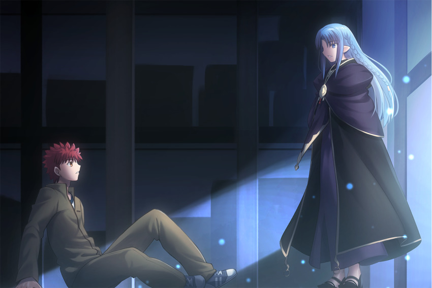 1boy, 1girl, alternate_universe, are_you_my_master, blue_eyes, blue_hair, braid, brown_jacket