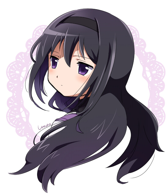 1girl, akemi_homura, akemi_homura_(magical_girl), black_hair, capelet, closed_mouth, commentary_request, from_side