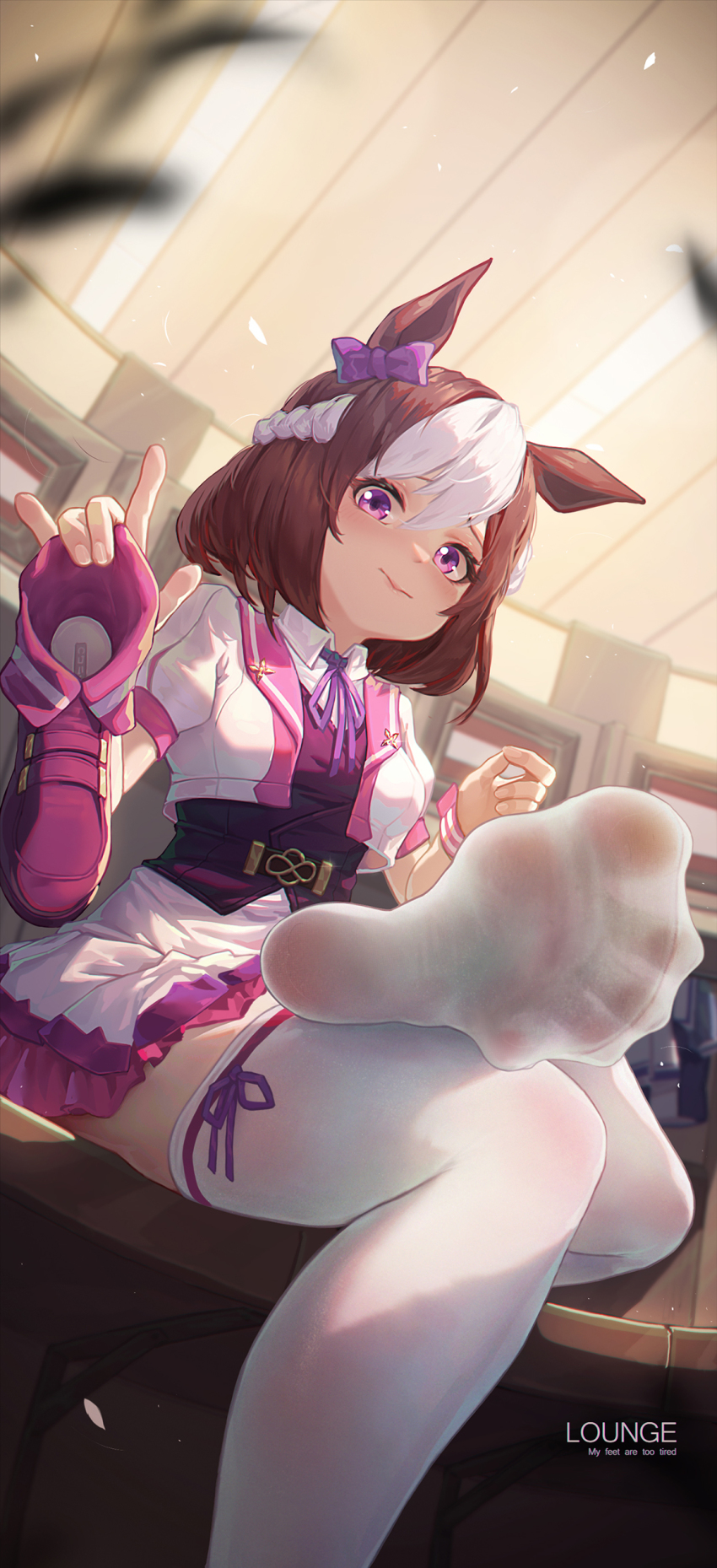 1girl, absurdres, animal_ears, black_vest, braid, breasts, brown_hair, collarbone, commentary_request, cropped_jacket, english_text, feet, foot_focus, foreshortening, hair_between_eyes, highres, horse_ears, horse_girl, icecake, jacket, looking_at_viewer, medium_breasts, multicolored_hair, no_shoes, pink_shoes, purple_eyes, shirt, shoes, sitting, skirt, soles, solo, special_week_(special_dreamer)_(umamusume), special_week_(umamusume), spread_toes, streaked_hair, thighhighs, toes, umamusume, unworn_shoes, vest, white_background, white_jacket, white_shirt, white_skirt, white_thighhighs