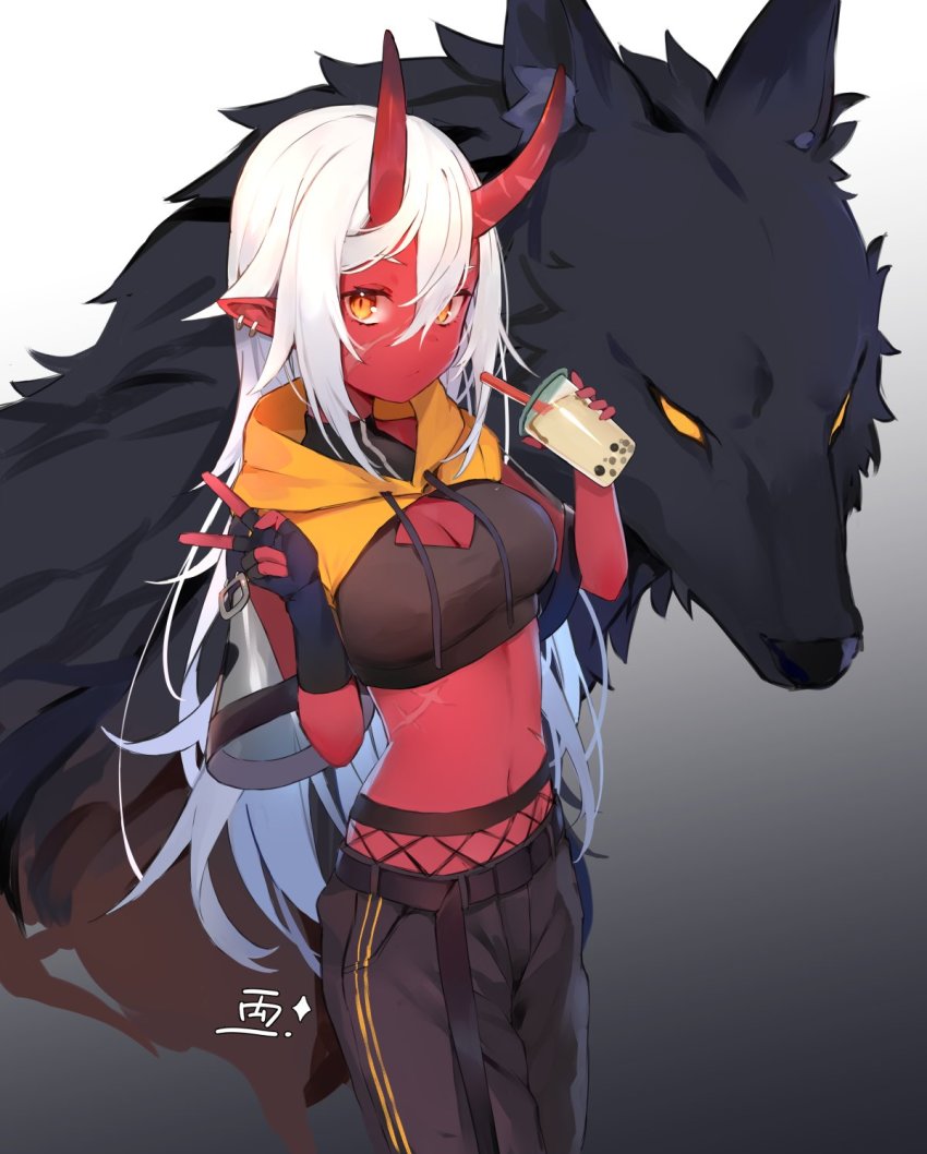 1girl, akumi_(yoclesh), asymmetrical_gloves, black_pants, breasts, brown_eyes, bubble_tea, cleavage