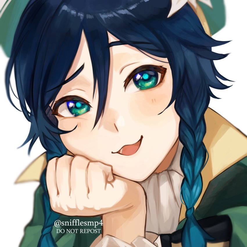 1boy, androgynous, beret, black_hair, blue_hair, blush, bow, braid