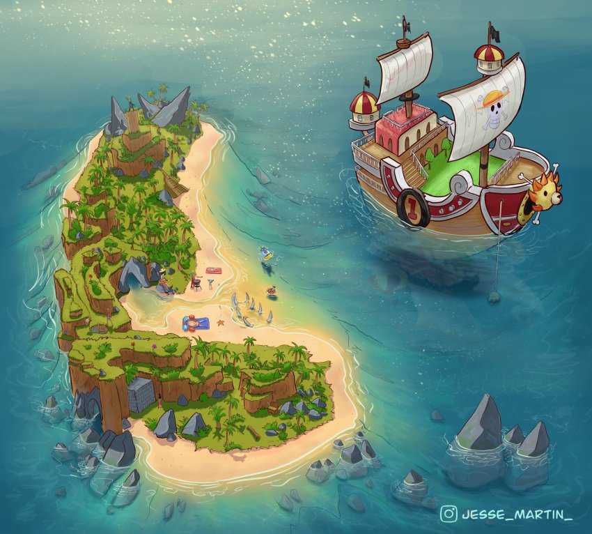 2girls, 6+boys, afloat, afro, beach, beach_towel, black_hair, blonde_hair, brook_(one_piece), cooking, day, fish_boy, franky_(one_piece), from_above, furry, furry_male, grill, grilling, guitar, hat, height_difference, highres, hill, holding, holding_instrument, innertube, instagram_username, instrument, island, jesse_martin, jinbe_(one_piece), jolly_roger, long_hair, looking_afar, lying, monkey_d._luffy, multiple_boys, multiple_girls, music, nami_(one_piece), nico_robin, nico_robin_(return_to_sabaody), ocean, on_back, one_piece, outdoors, palm_tree, pirate_costume, pirate_ship, playing_instrument, roronoa_zoro, sail, sailing_ship, sanji_(one_piece), scenery, ship, short_hair, sitting, skeleton, standing, sunbathing, swim_ring, thousand_sunny, tony_tony_chopper, towel, tree, water, watercraft, watermark