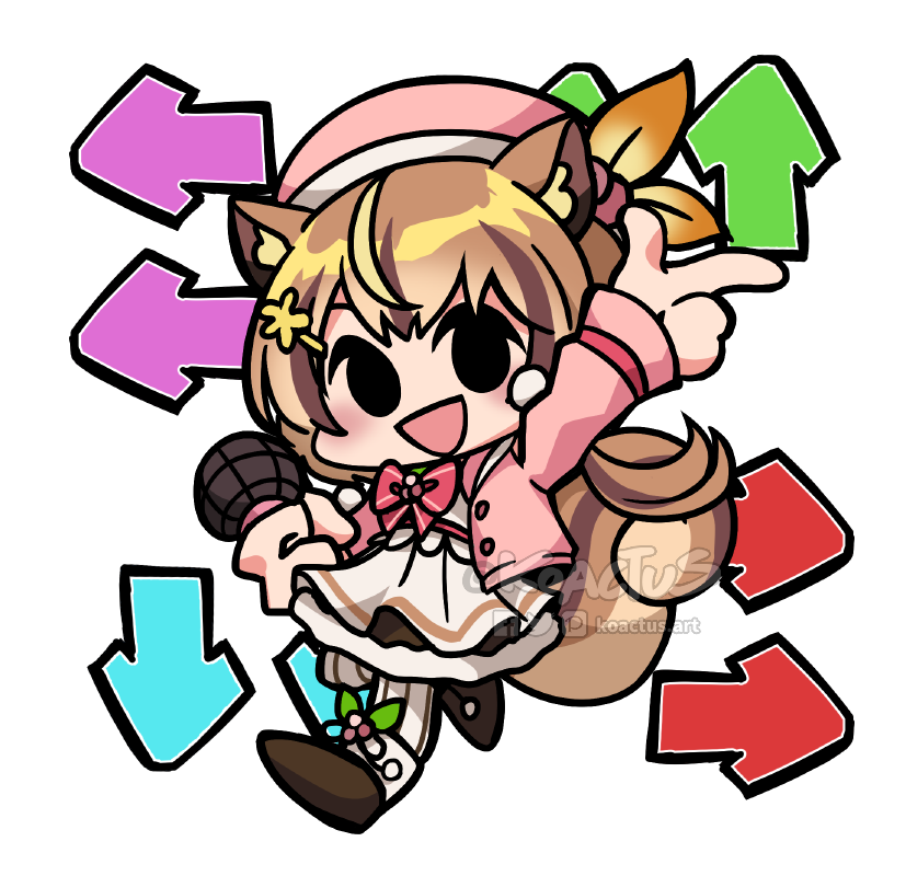 1girl, arrow_(symbol), ayunda_risu, beret, black_eyes, blush, brown_hair, chibi, friday_night_funkin', hat, holding, holding_microphone, hololive, hololive_indonesia, koactus, microphone, open_mouth, parody, pink_hat, smile, solo, squirrel_girl, squirrel_tail, style_parody, tail, virtual_youtuber, white_background