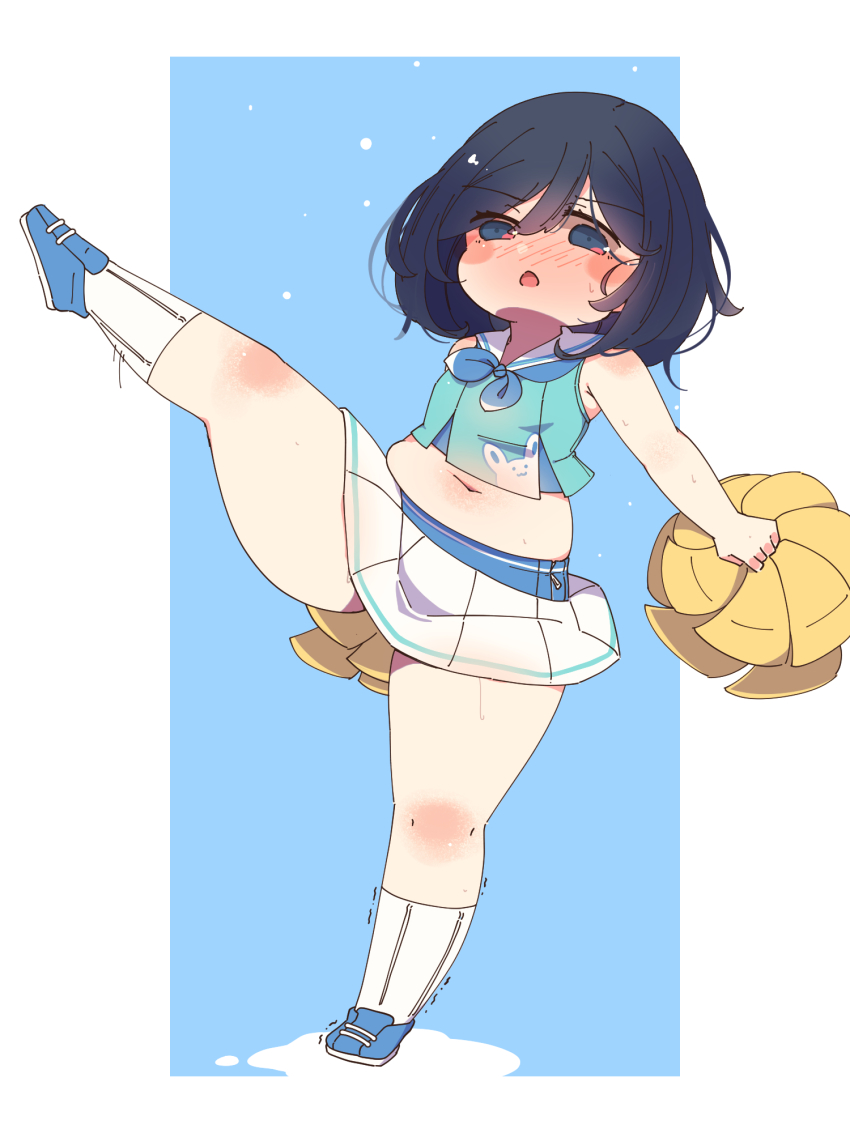 1girl, bare_shoulders, blue_background, blue_eyes, blue_neckerchief, blush, border, cheerleader