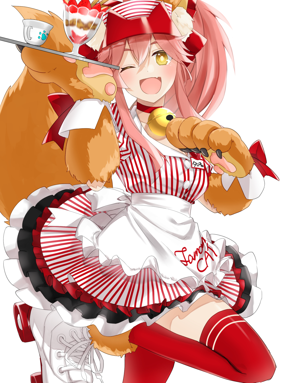 1girl, animal_ear_fluff, animal_ears, animal_hands, apron, bell, bow, breasts