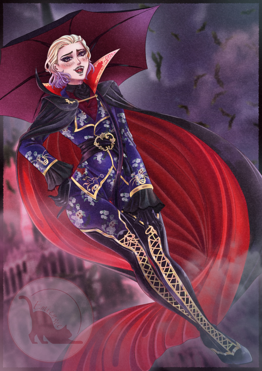 absurdres, bat_(animal), black_gloves, black_legwear, blonde_hair, blush, boots, cape