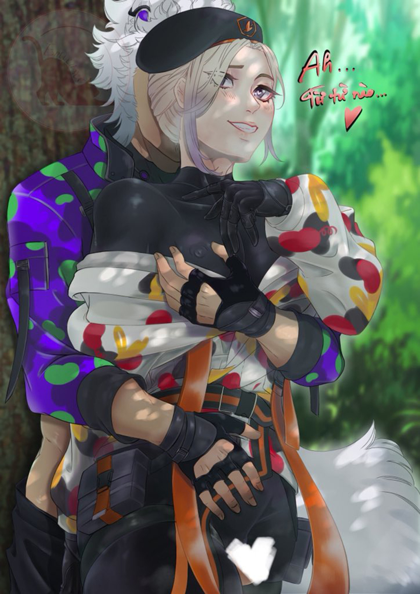 animal_ears, beret, black_bodysuit, black_gloves, blonde_hair, bodysuit, camouflage, camouflage_jacket, censored, dark-skinned_male, dark_skin, forest, gloves, grabbing_from_behind, grin, hat, heart, heart-shaped_pupils, highres, jack_howl, jack_howl_(beans_camo), jacket, leggings, male_focus, multicolored_hair, nature, pocket, purple_jacket, sex, smile, symbol-shaped_pupils, tail, thigh_strap, thighs, tree, twisted_wonderland, two-tone_hair, vil_schoenheit, vil_schoenheit_(beans_camo), white_hair, white_jacket, wolf_boy, wolf_ears, wolf_tail, yaoi