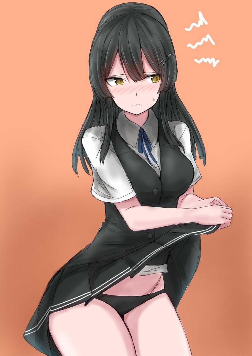 1girl, absurdres, black_hair, black_skirt, black_vest, blue_ribbon, breasts, brown_eyes