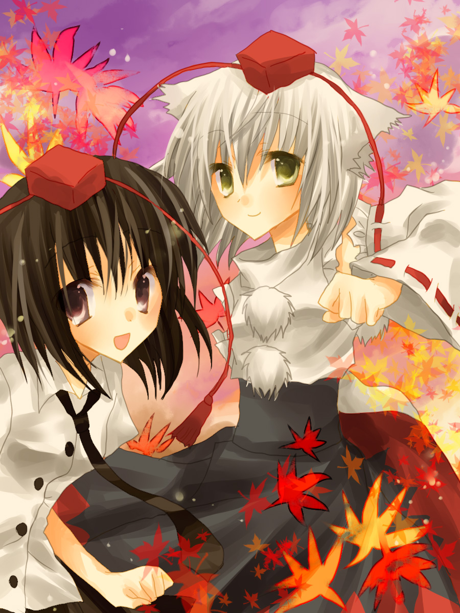 2girls, animal_ears, bad_id, bad_pixiv_id, black_hair, detached_sleeves, female_focus, hat